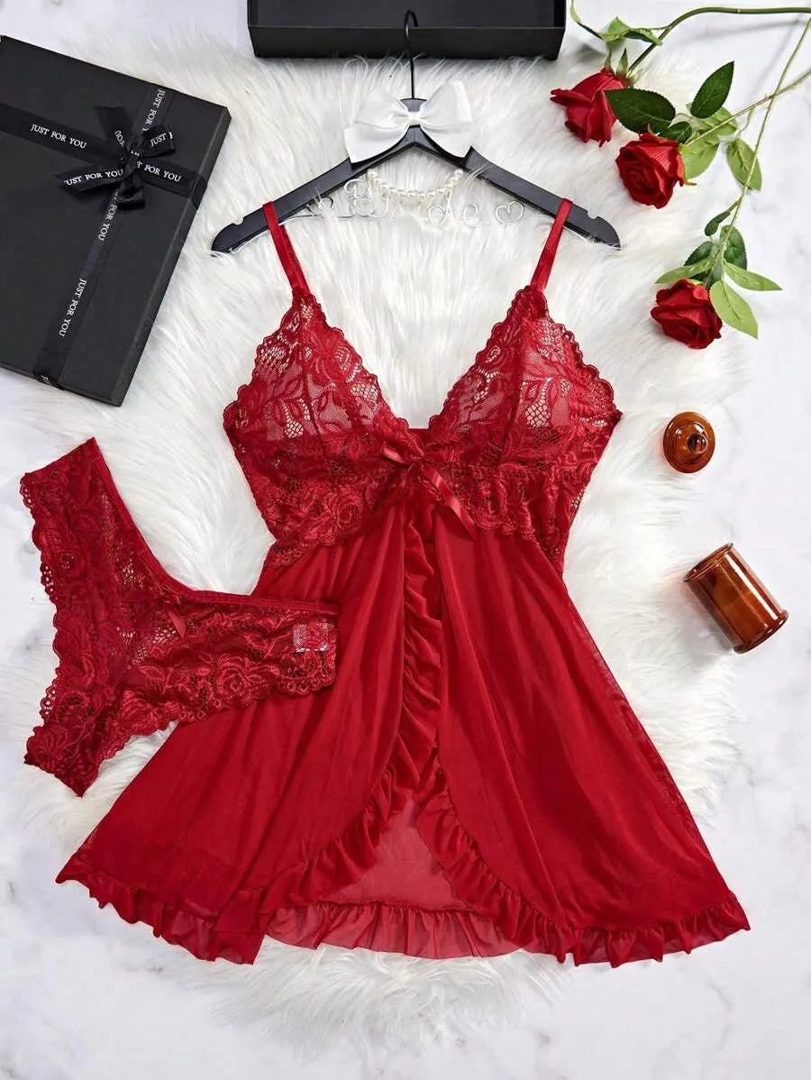 2-Piece Women’s Sexy Lace Spaghetti Strap Nightgown Set – Elegant and Comfortable Sleepwear for Nighttime, Vacation, and Lounging at Home