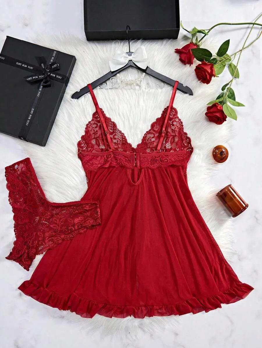 2-Piece Women’s Sexy Lace Spaghetti Strap Nightgown Set – Elegant and Comfortable Sleepwear for Nighttime, Vacation, and Lounging at Home