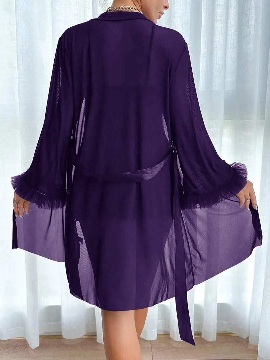 2-Piece Women’s Fishbone Thread Drawstring Lace Cami Dress and 3D Floral Wide Sleeve Mesh Robe Set – Elegant and Stylish Sleepwear for Comfortable Lounging and Special Occasions