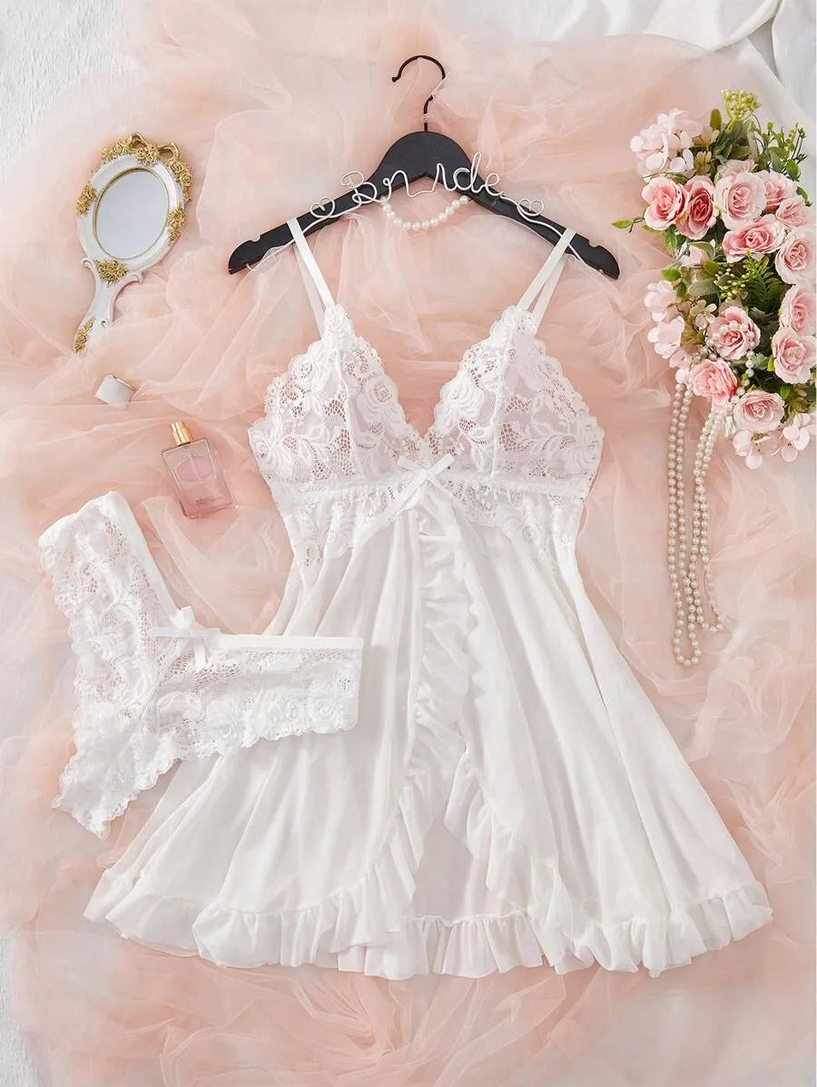 2-Piece Women’s Sexy Lace Spaghetti Strap Nightgown Set – Elegant and Comfortable Sleepwear for Nighttime, Vacation, and Lounging at Home