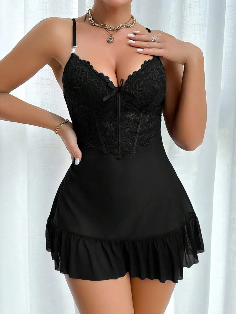 2-Piece Women’s Fishbone Thread Drawstring Lace Cami Dress and 3D Floral Wide Sleeve Mesh Robe Set – Elegant and Stylish Sleepwear for Comfortable Lounging and Special Occasions