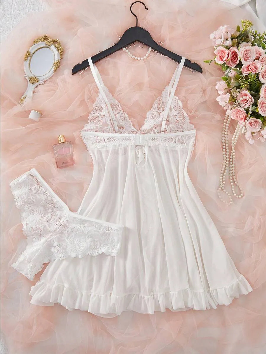 2-Piece Women’s Sexy Lace Spaghetti Strap Nightgown Set – Elegant and Comfortable Sleepwear for Nighttime, Vacation, and Lounging at Home