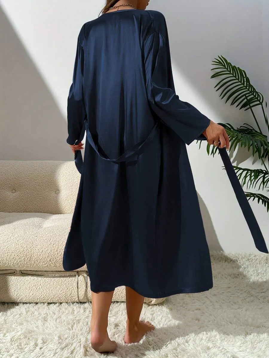 2-Piece Women’s Silk-Like Robe and Nightgown Set – Long Solid Color Robe with Elegant Sleepwear Dress Style, Comfortable Loungewear for Home, Sleeping, All Seasons, and Vacation