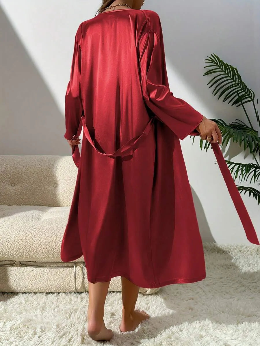 2-Piece Women’s Silk-Like Robe and Nightgown Set – Long Solid Color Robe with Elegant Sleepwear Dress Style, Comfortable Loungewear for Home, Sleeping, All Seasons, and Vacation