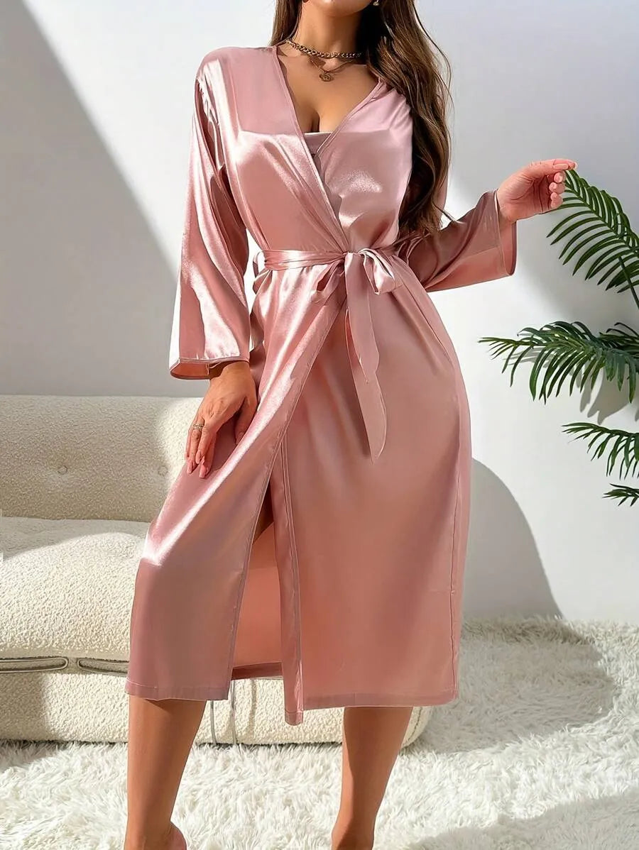 2-Piece Women’s Silk-Like Robe and Nightgown Set – Long Solid Color Robe with Elegant Sleepwear Dress Style, Comfortable Loungewear for Home, Sleeping, All Seasons, and Vacation
