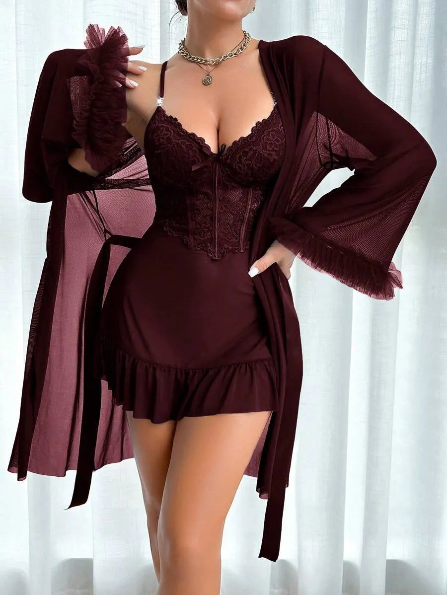 2-Piece Women’s Fishbone Thread Drawstring Lace Cami Dress and 3D Floral Wide Sleeve Mesh Robe Set – Elegant and Stylish Sleepwear for Comfortable Lounging and Special Occasions