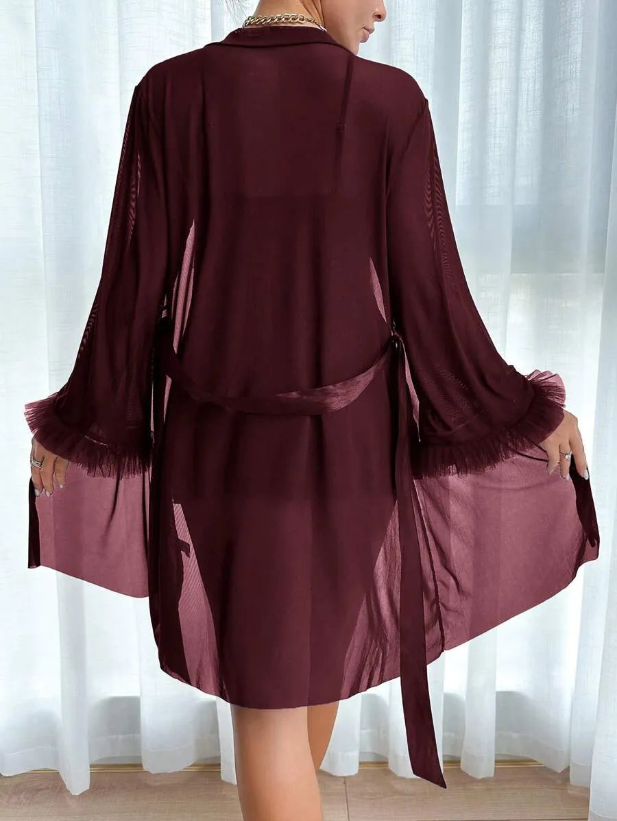 2-Piece Women’s Fishbone Thread Drawstring Lace Cami Dress and 3D Floral Wide Sleeve Mesh Robe Set – Elegant and Stylish Sleepwear for Comfortable Lounging and Special Occasions