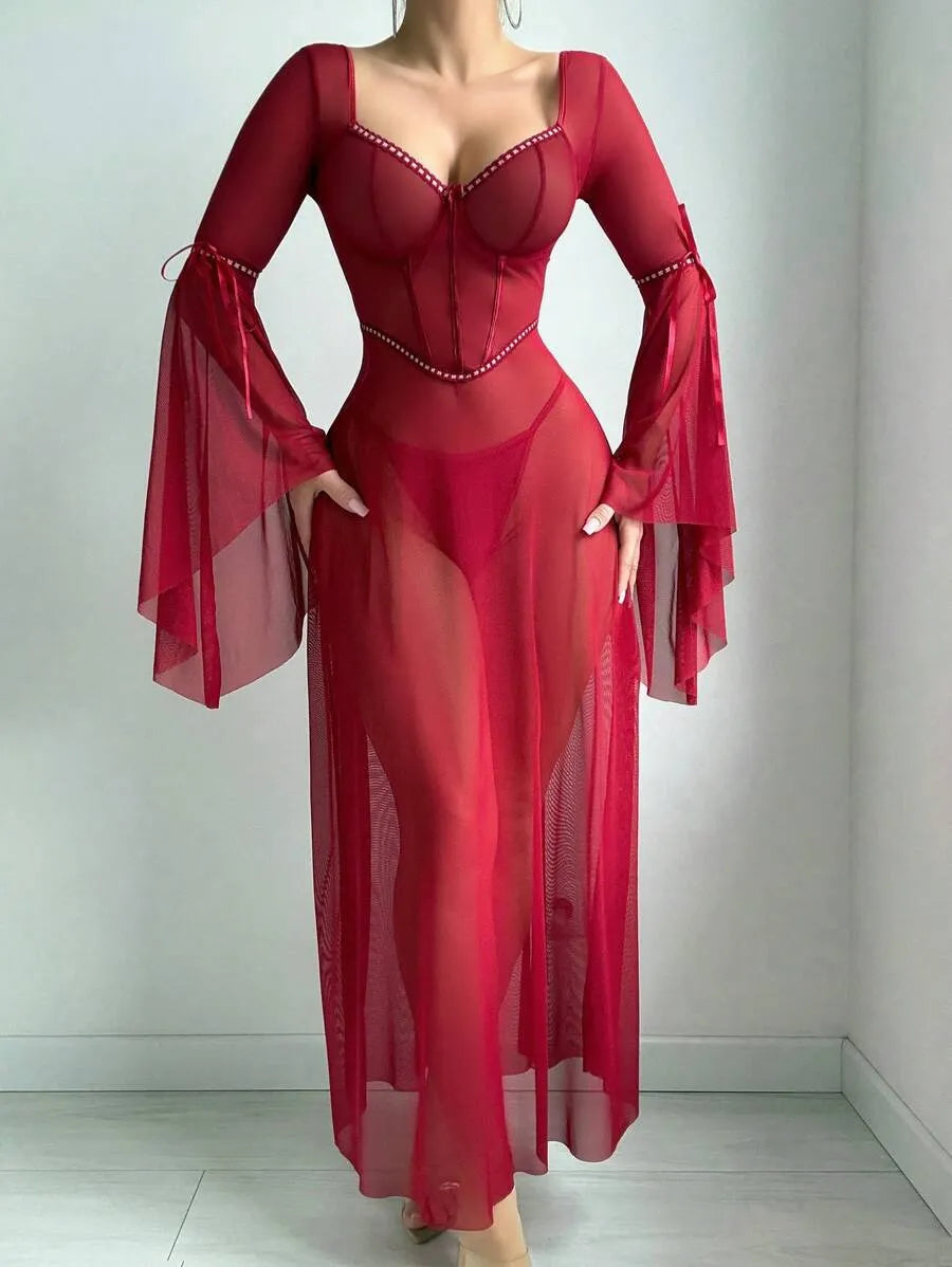 2-Piece Valentine's Gothic Sexy Ruffled Long Sleeve Underwire Dress and Thong Set – Elegant and Alluring Lingerie for Romantic Evenings and Special Occasions