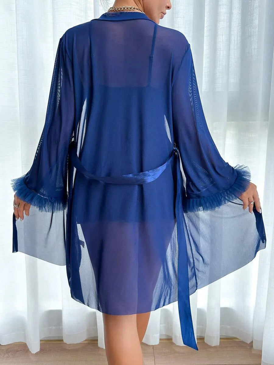 2-Piece Women’s Fishbone Thread Drawstring Lace Cami Dress and 3D Floral Wide Sleeve Mesh Robe Set – Elegant and Stylish Sleepwear for Comfortable Lounging and Special Occasions