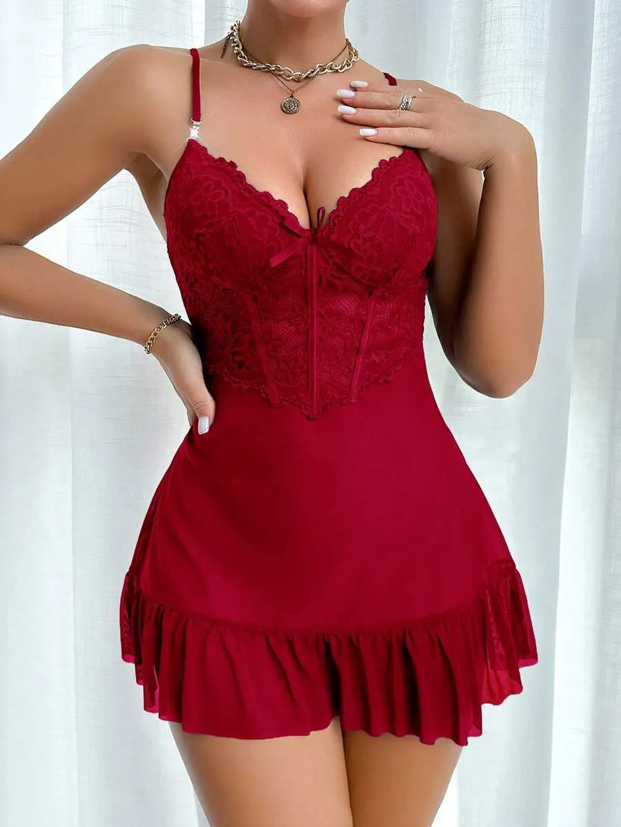 2-Piece Women’s Fishbone Thread Drawstring Lace Cami Dress and 3D Floral Wide Sleeve Mesh Robe Set – Elegant and Stylish Sleepwear for Comfortable Lounging and Special Occasions