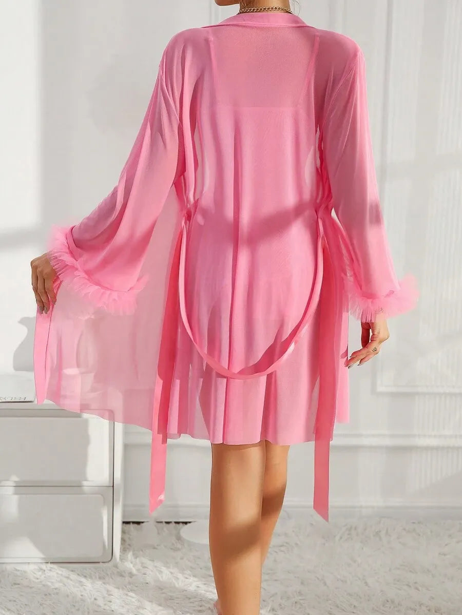 2-Piece Women’s Fishbone Thread Drawstring Lace Cami Dress and 3D Floral Wide Sleeve Mesh Robe Set – Elegant and Stylish Sleepwear for Comfortable Lounging and Special Occasions