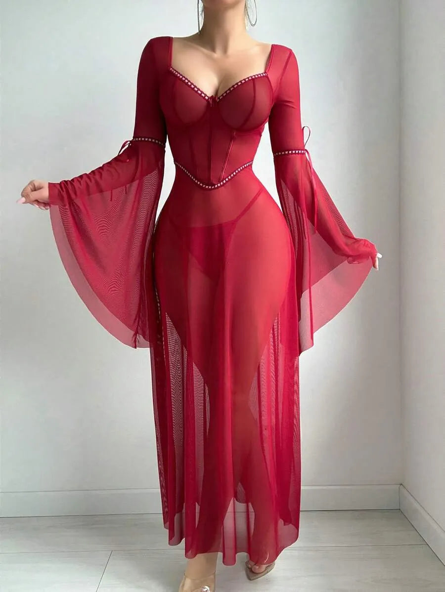 2-Piece Valentine's Gothic Sexy Ruffled Long Sleeve Underwire Dress and Thong Set – Elegant and Alluring Lingerie for Romantic Evenings and Special Occasions