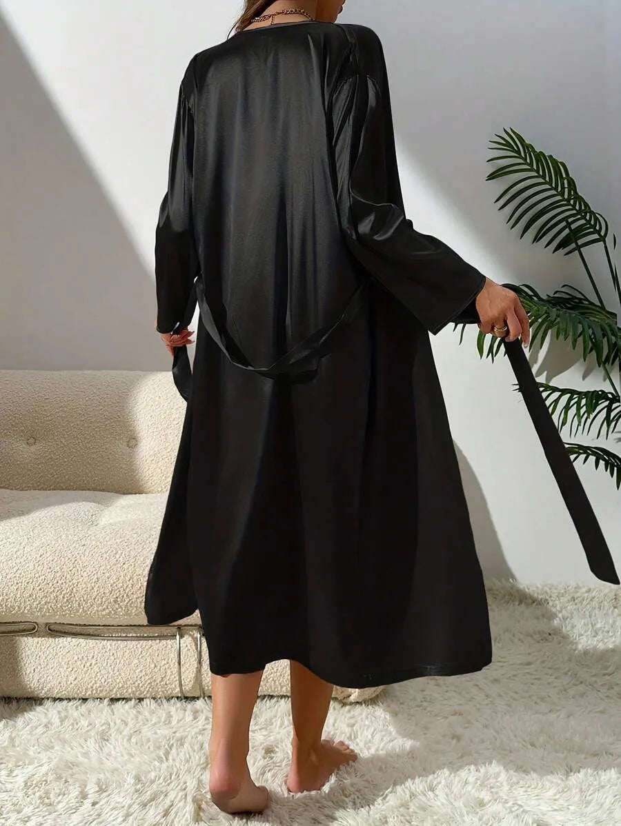 2-Piece Women’s Silk-Like Robe and Nightgown Set – Long Solid Color Robe with Elegant Sleepwear Dress Style, Comfortable Loungewear for Home, Sleeping, All Seasons, and Vacation