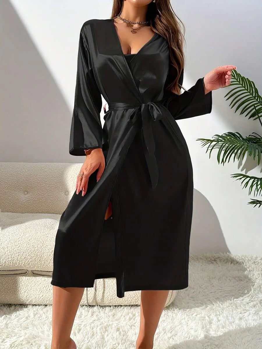 2-Piece Women’s Silk-Like Robe and Nightgown Set – Long Solid Color Robe with Elegant Sleepwear Dress Style, Comfortable Loungewear for Home, Sleeping, All Seasons, and Vacation