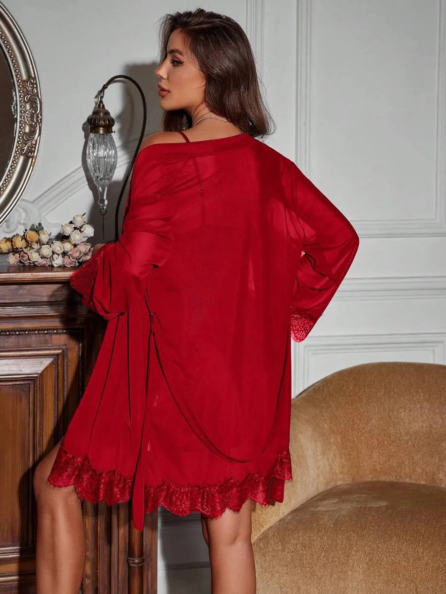Women’s Contrast Lace Long Sleeve Robe and Strap Sleepwear Set – Elegant and Comfortable Loungewear for Relaxing at Home and Sleep