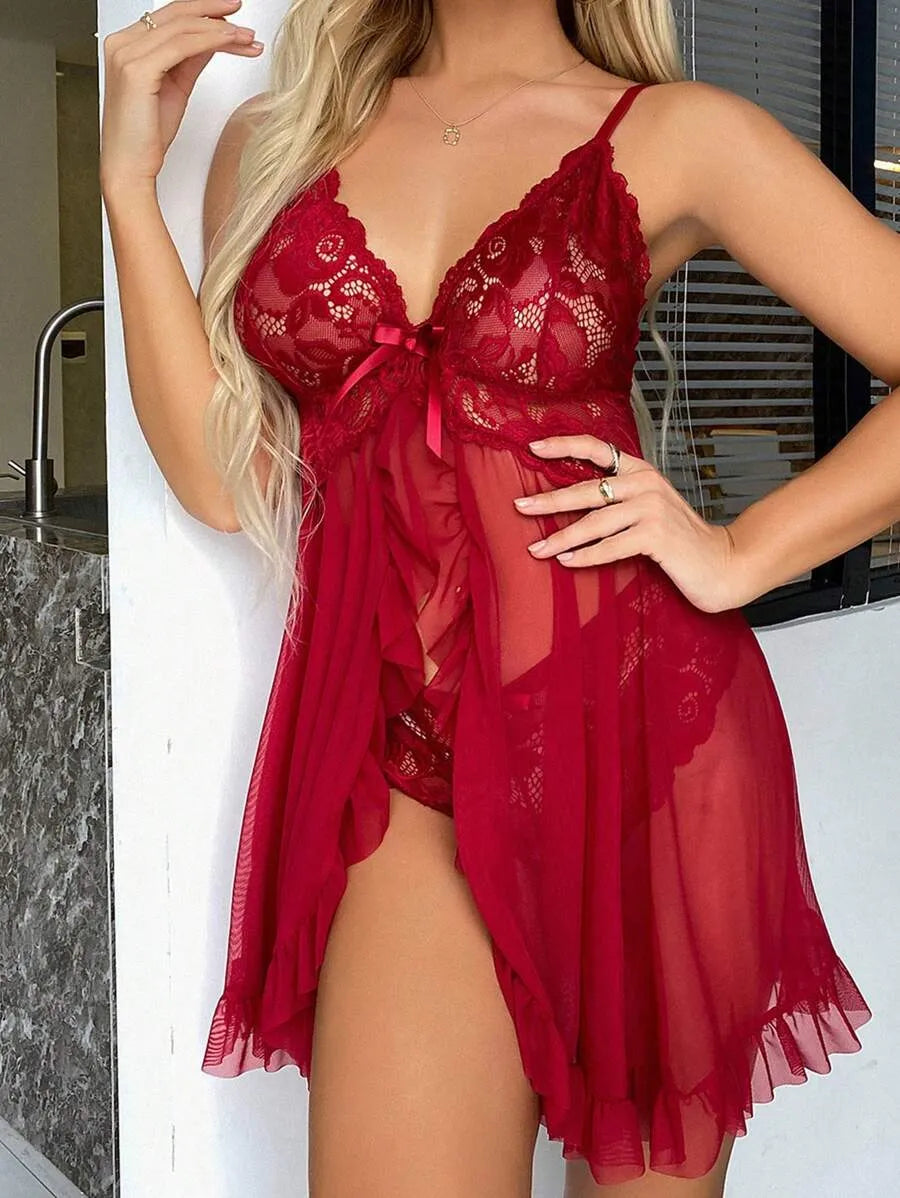2-Piece Women’s Sexy Lace Spaghetti Strap Nightgown Set – Elegant and Comfortable Sleepwear for Nighttime, Vacation, and Lounging at Home