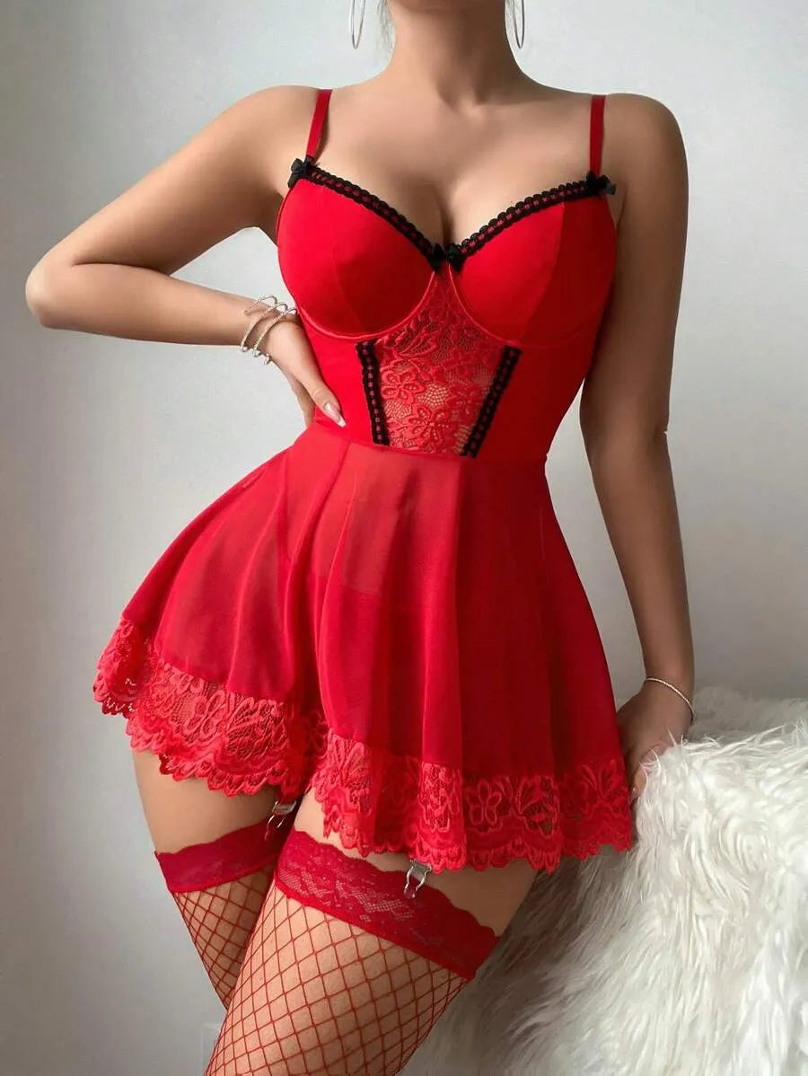 4-Piece Women's Sexy Lingerie Set with Contrast Lace and Bowknot Detail – Includes Dress, Garter, T-Back Panties, and 2 Bow Tie Stockings for Elegant and Alluring Nightwear