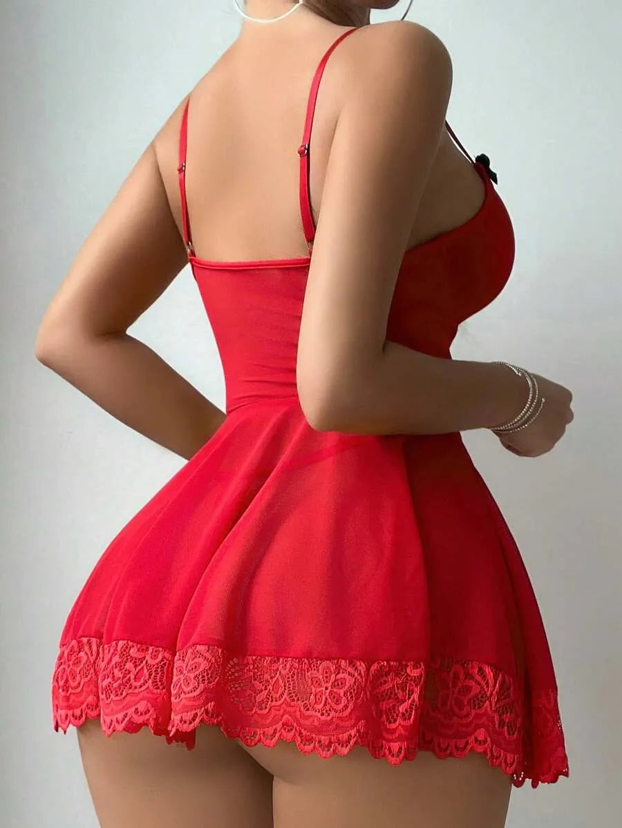4-Piece Women's Sexy Lingerie Set with Contrast Lace and Bowknot Detail – Includes Dress, Garter, T-Back Panties, and 2 Bow Tie Stockings for Elegant and Alluring Nightwear