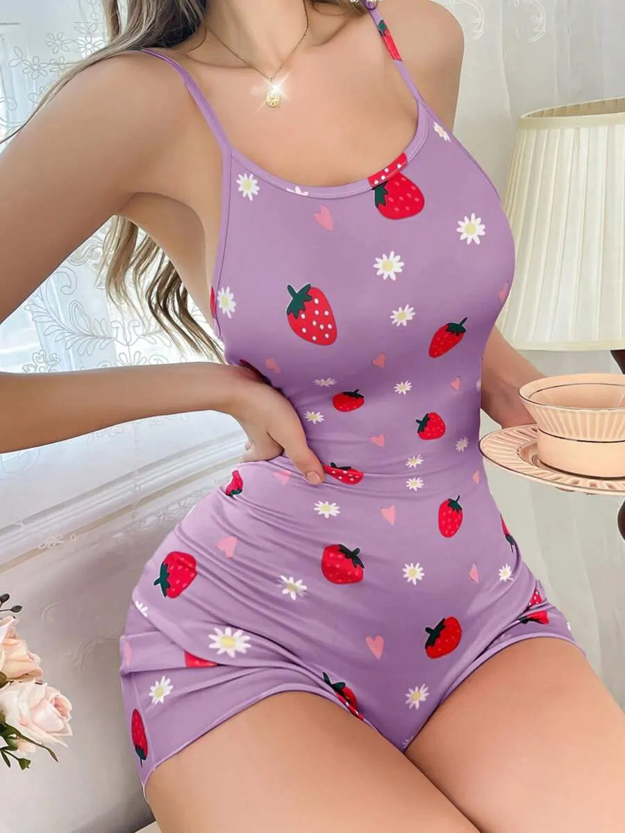 Romantic Summer Sleeveless Pajama Romper with Strawberry, Heart & Daisy Print – Women's Vacation Sleepwear