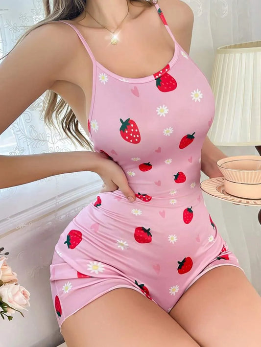 Romantic Summer Sleeveless Pajama Romper with Strawberry, Heart & Daisy Print – Women's Vacation Sleepwear