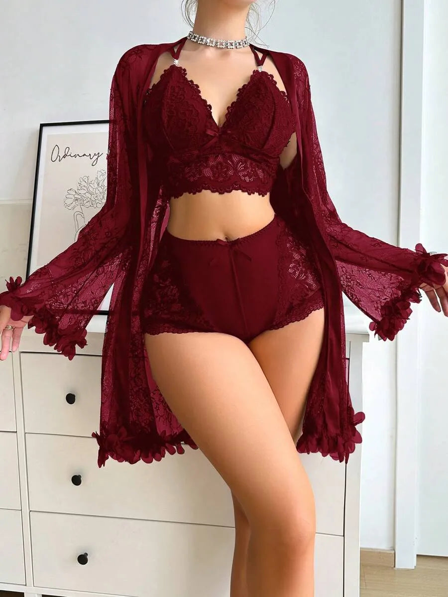 SilkySpell Women’s Lace Patchwork Sexy Sleepwear Set – Elegant and Comfortable Nightwear for Romantic Evenings and Lounging at Home