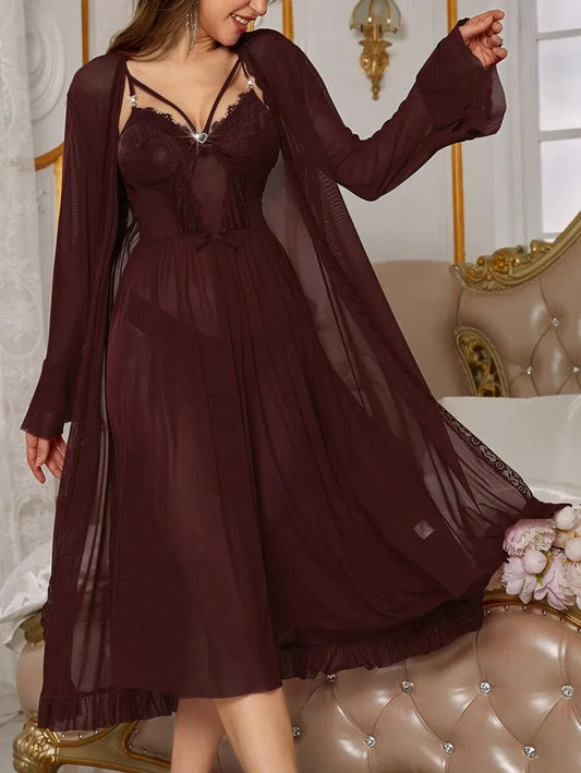 Women’s Red Lace Perspective Slip Dress and Robe Pajama Set – Elegant and Sexy Sleepwear for Romantic Nights and Comfortable Lounging