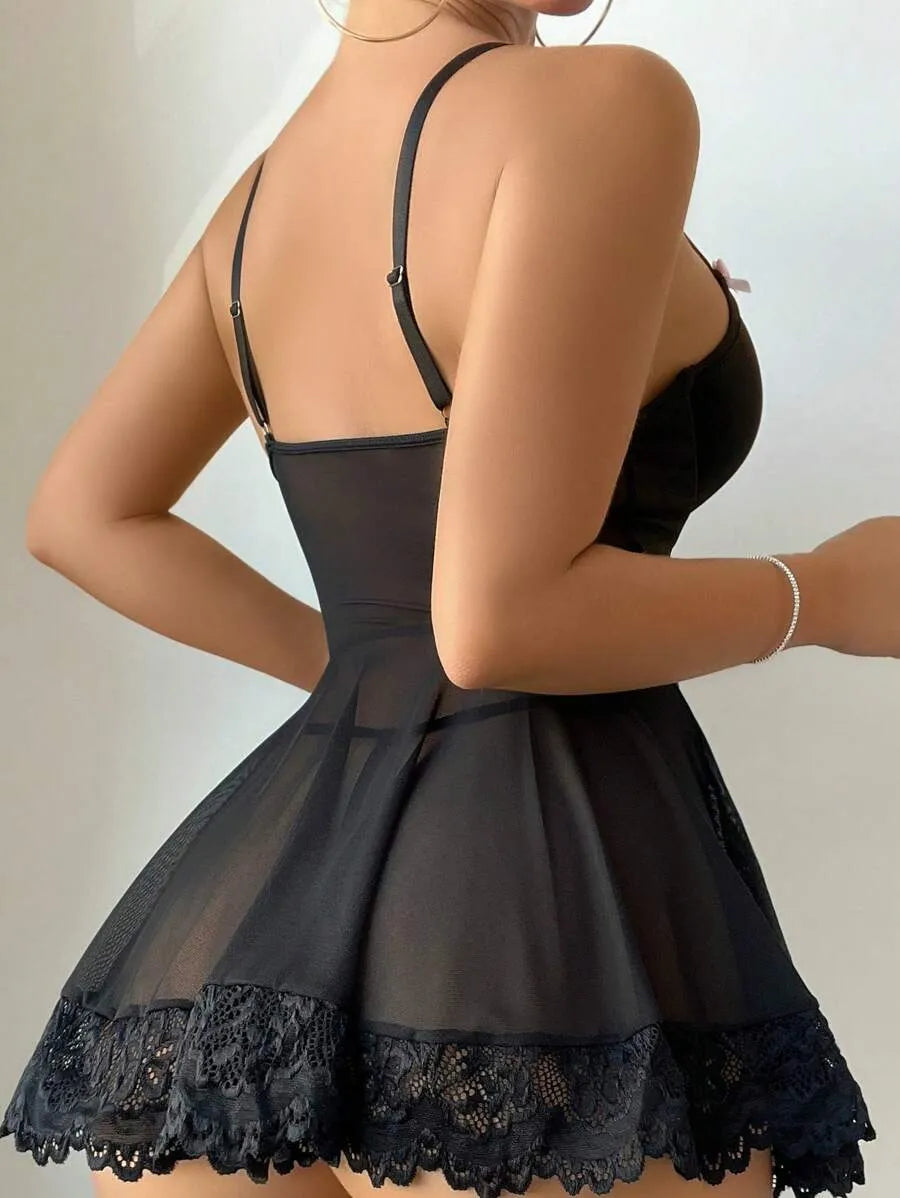 4-Piece Women's Sexy Lingerie Set with Contrast Lace and Bowknot Detail – Includes Dress, Garter, T-Back Panties, and 2 Bow Tie Stockings for Elegant and Alluring Nightwear
