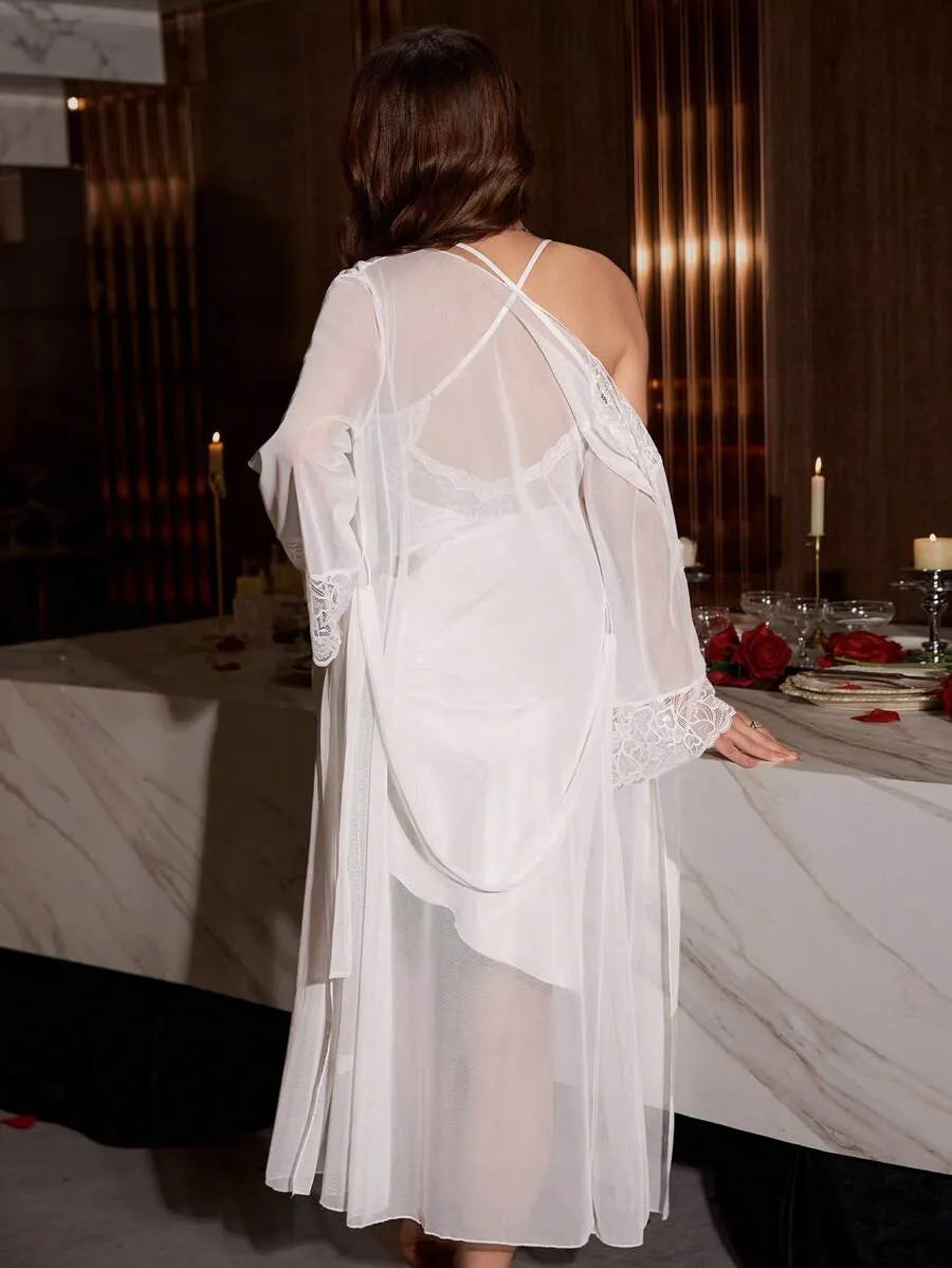 SilkySpell 2-Piece Women’s Elegant Lace Camisole Dress and Robe Sleepwear Set – Stylish and Comfortable Nightwear for Lounging and Relaxing at Home