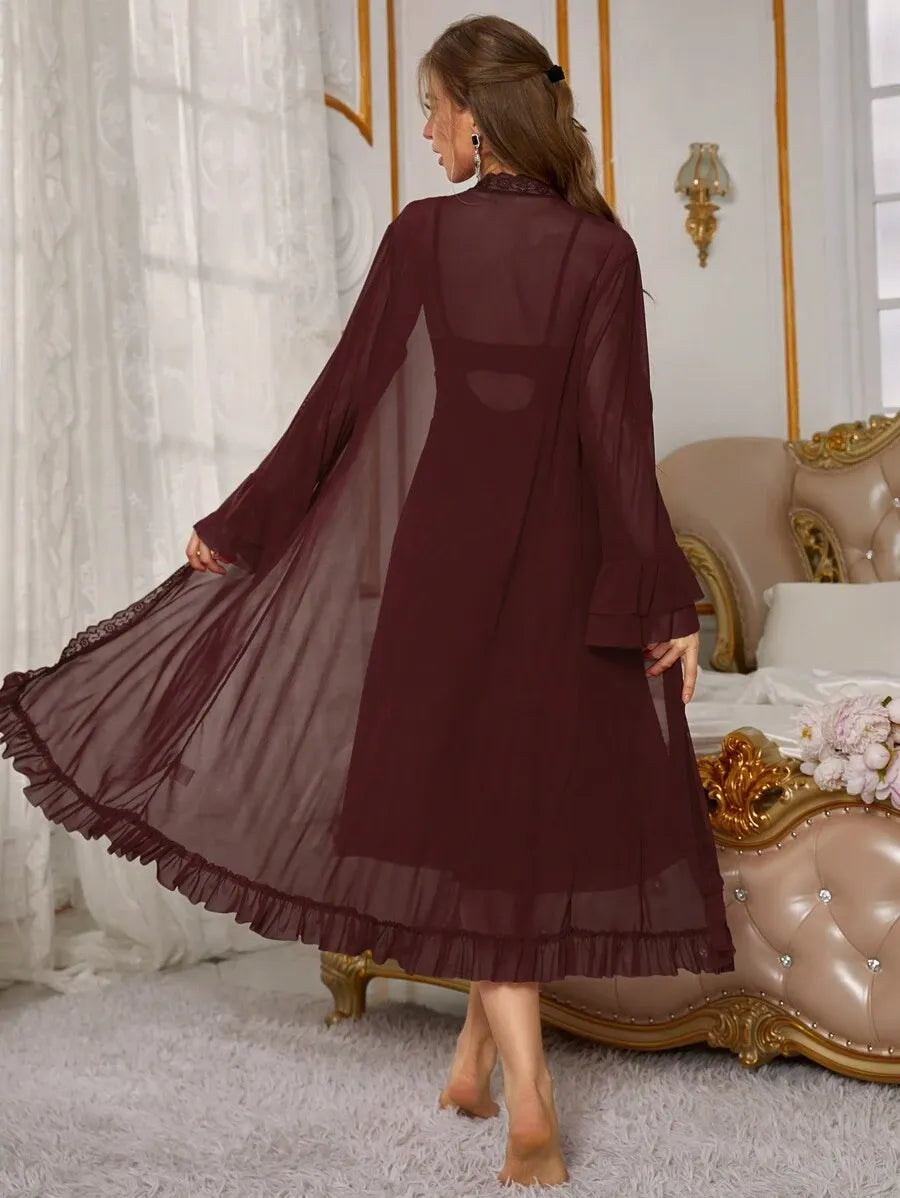Women’s Red Lace Perspective Slip Dress and Robe Pajama Set – Elegant and Sexy Sleepwear for Romantic Nights and Comfortable Lounging