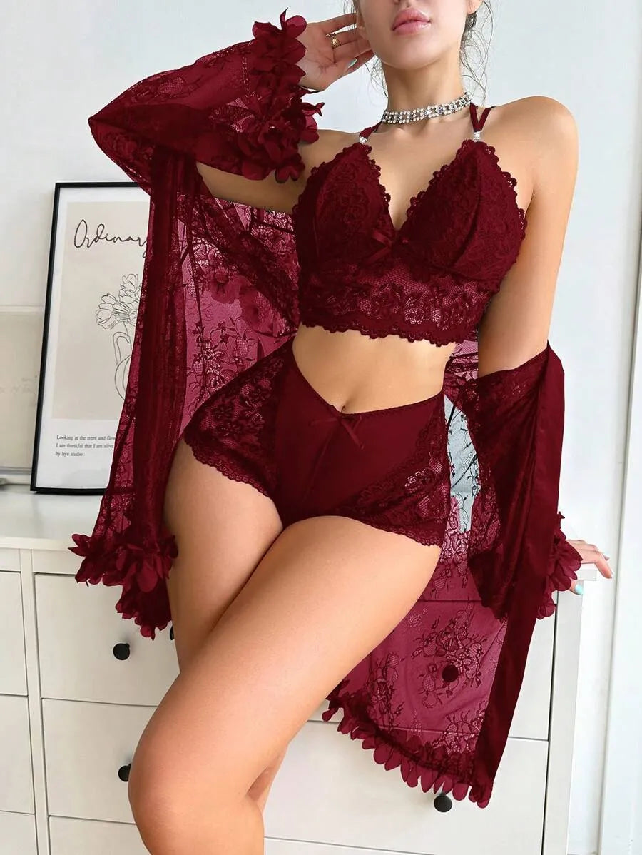 SilkySpell Women’s Lace Patchwork Sexy Sleepwear Set – Elegant and Comfortable Nightwear for Romantic Evenings and Lounging at Home