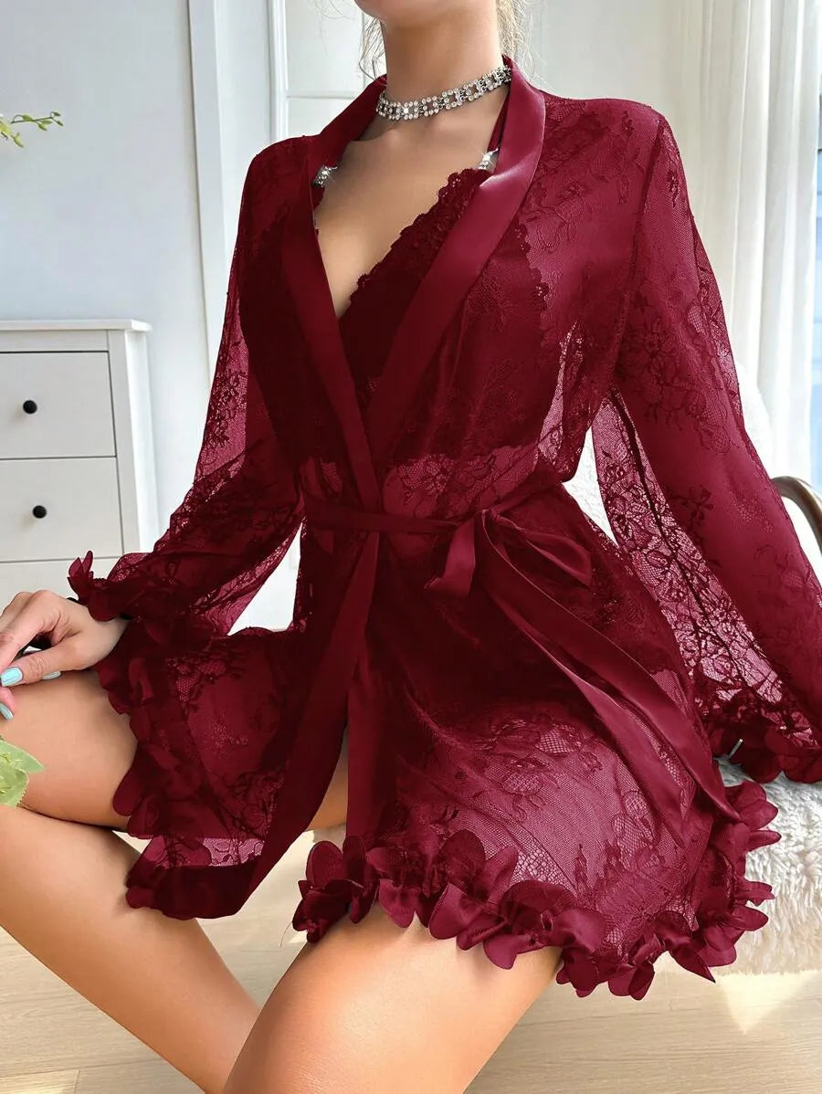 SilkySpell Women’s Lace Patchwork Sexy Sleepwear Set – Elegant and Comfortable Nightwear for Romantic Evenings and Lounging at Home