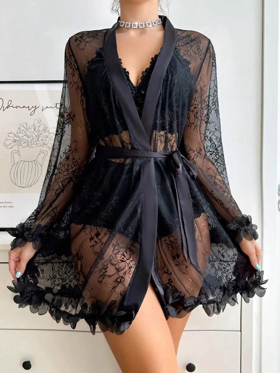 SilkySpell Women’s Lace Patchwork Sexy Sleepwear Set – Elegant and Comfortable Nightwear for Romantic Evenings and Lounging at Home