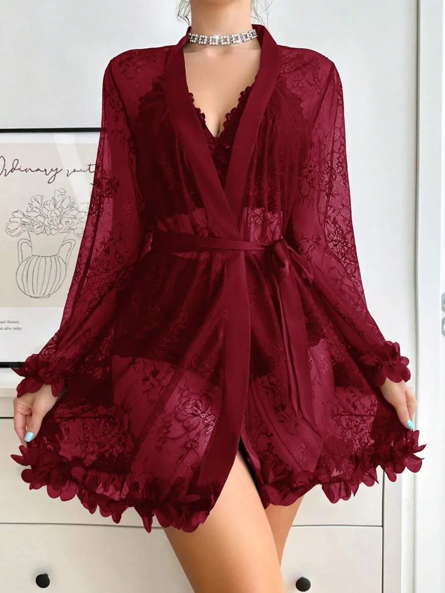 SilkySpell Women’s Lace Patchwork Sexy Sleepwear Set – Elegant and Comfortable Nightwear for Romantic Evenings and Lounging at Home