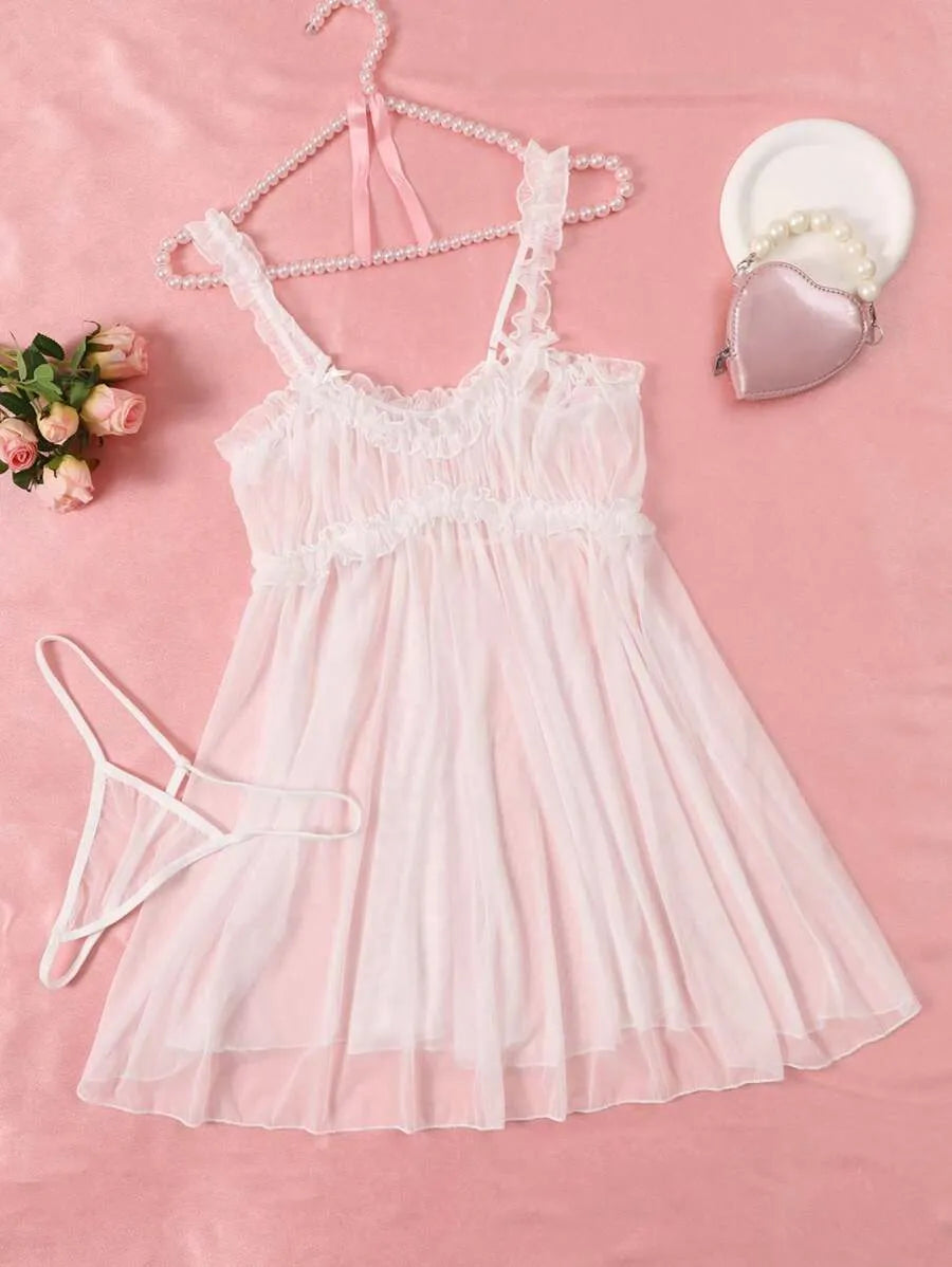 Women’s Semi-Transparent Sexy Nightdress with Hot Suspenders – Elegant Erotic Sleepwear with Thong, Perfect for Romantic Evenings, Mature Lingerie, and Special Occasions