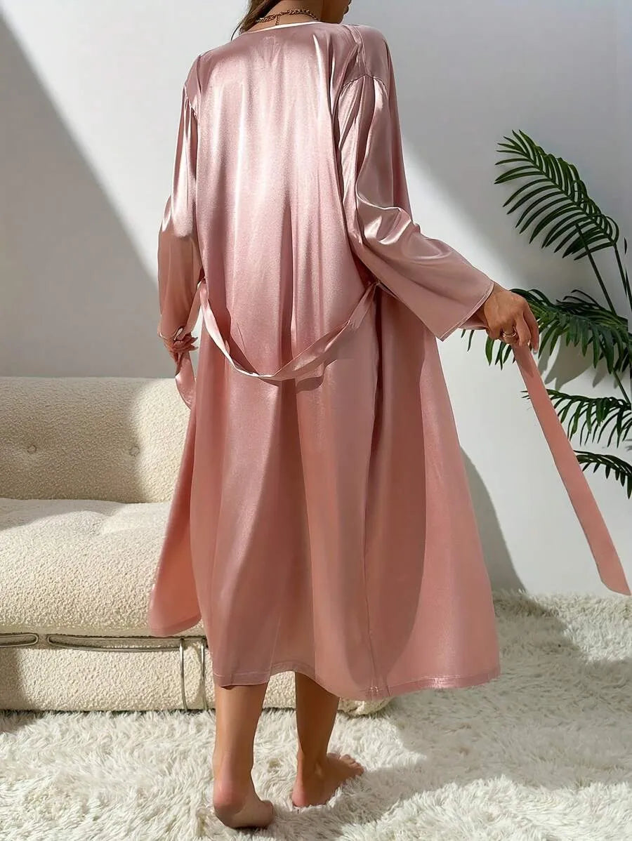 2-Piece Women’s Silk-Like Robe and Nightgown Set – Long Solid Color Robe with Elegant Sleepwear Dress Style, Comfortable Loungewear for Home, Sleeping, All Seasons, and Vacation