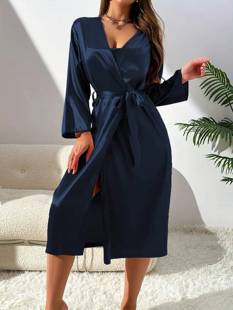 2-Piece Women’s Silk-Like Robe and Nightgown Set – Long Solid Color Robe with Elegant Sleepwear Dress Style, Comfortable Loungewear for Home, Sleeping, All Seasons, and Vacation