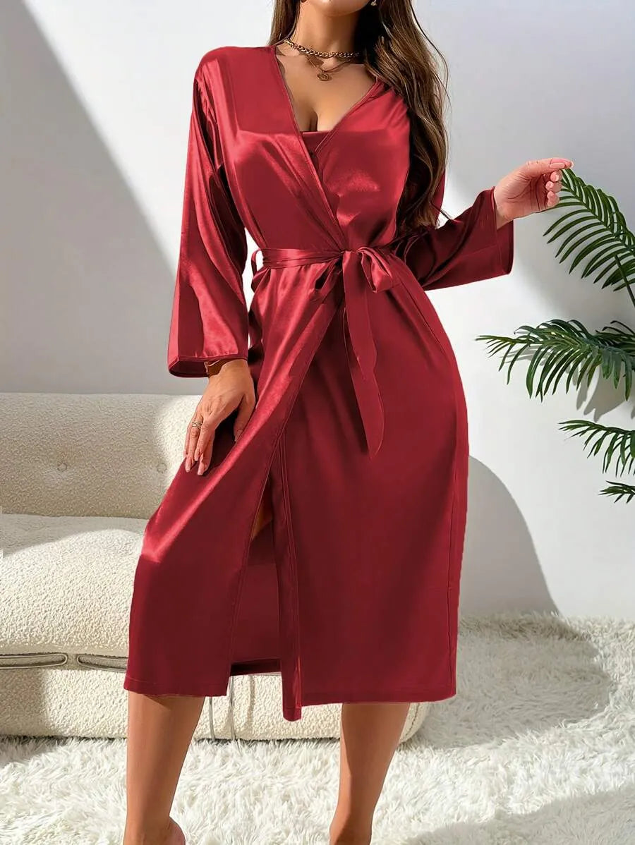 2-Piece Women’s Silk-Like Robe and Nightgown Set – Long Solid Color Robe with Elegant Sleepwear Dress Style, Comfortable Loungewear for Home, Sleeping, All Seasons, and Vacation