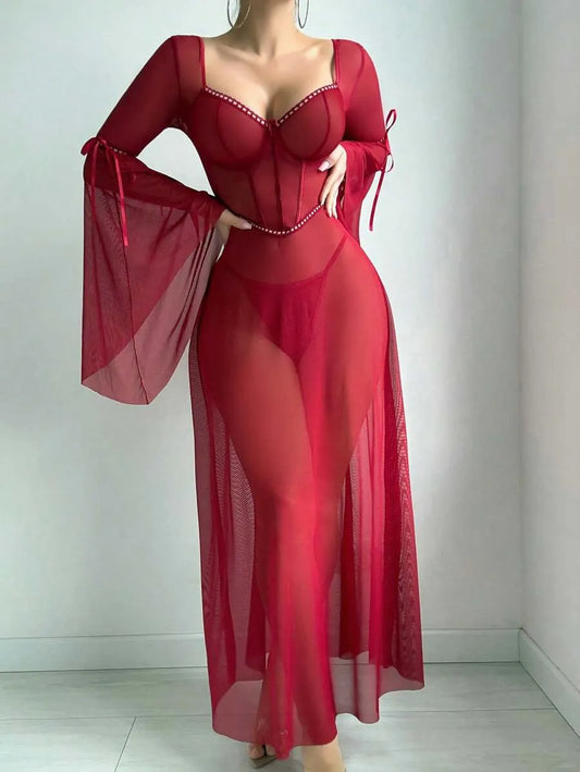 2-Piece Valentine's Gothic Sexy Ruffled Long Sleeve Underwire Dress and Thong Set – Elegant and Alluring Lingerie for Romantic Evenings and Special Occasions