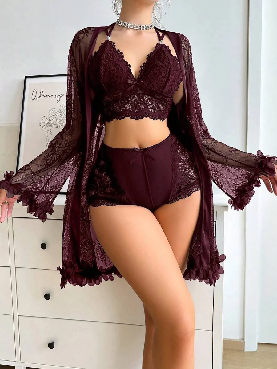 SilkySpell Women’s Lace Patchwork Sexy Sleepwear Set – Elegant and Comfortable Nightwear for Romantic Evenings and Lounging at Home