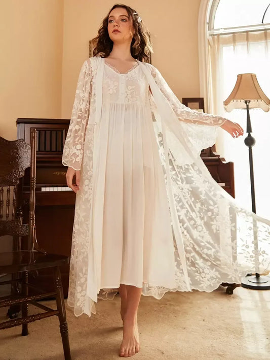 Women’s Floral Embroidery Pajama Nightdress and Tie Front Robe Set – Elegant White Sleepwear for Vacation, Lounging, and Comfortable Nights