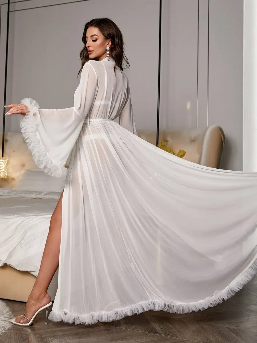 Women’s Contrast Mesh Trumpet Sleeve Belted Sleep Robe – Lightweight and Stylish Loungewear for Vacation, Relaxing, and Comfortable Sleep