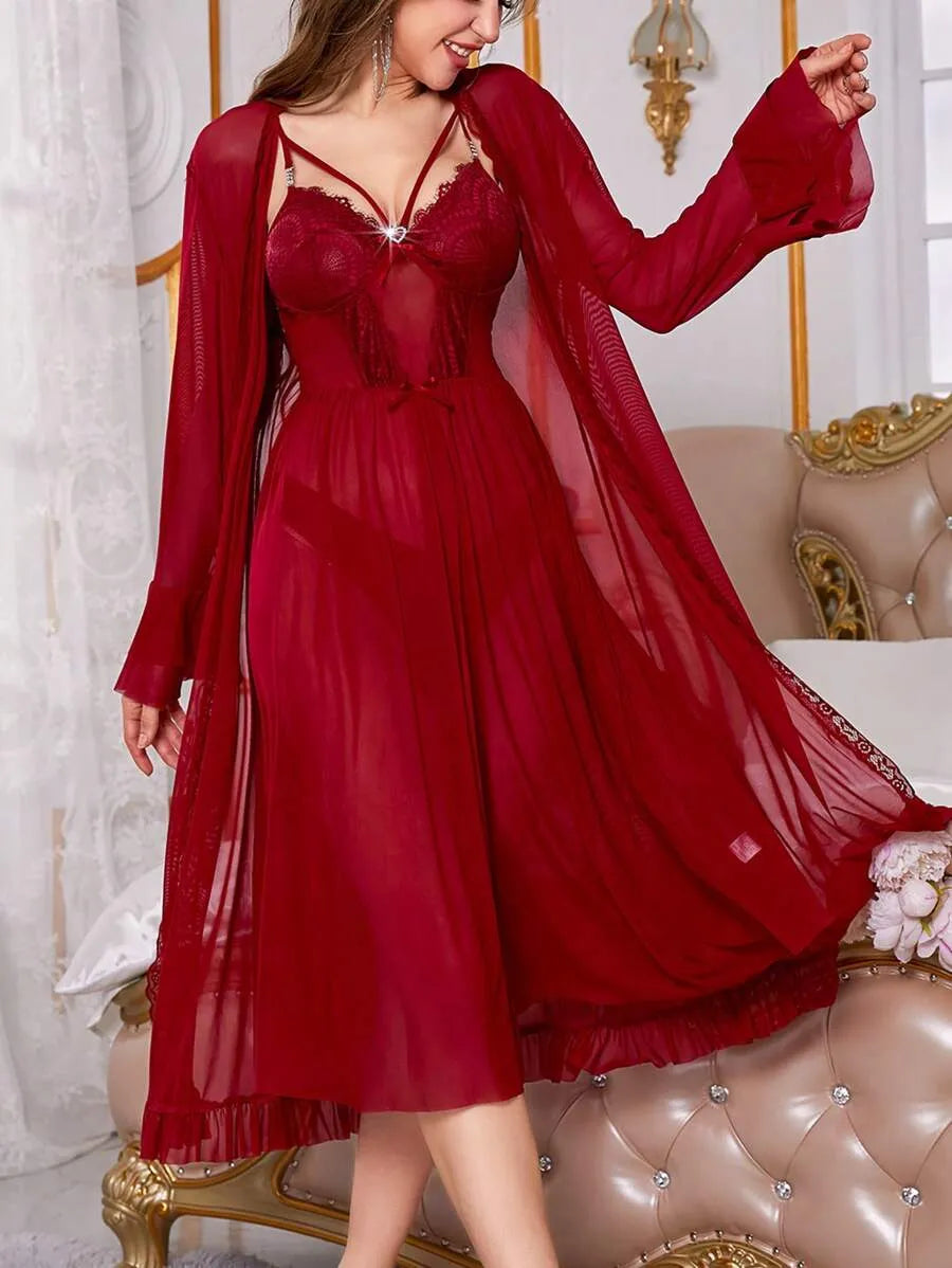 Women’s Red Lace Perspective Slip Dress and Robe Pajama Set – Elegant and Sexy Sleepwear for Romantic Nights and Comfortable Lounging