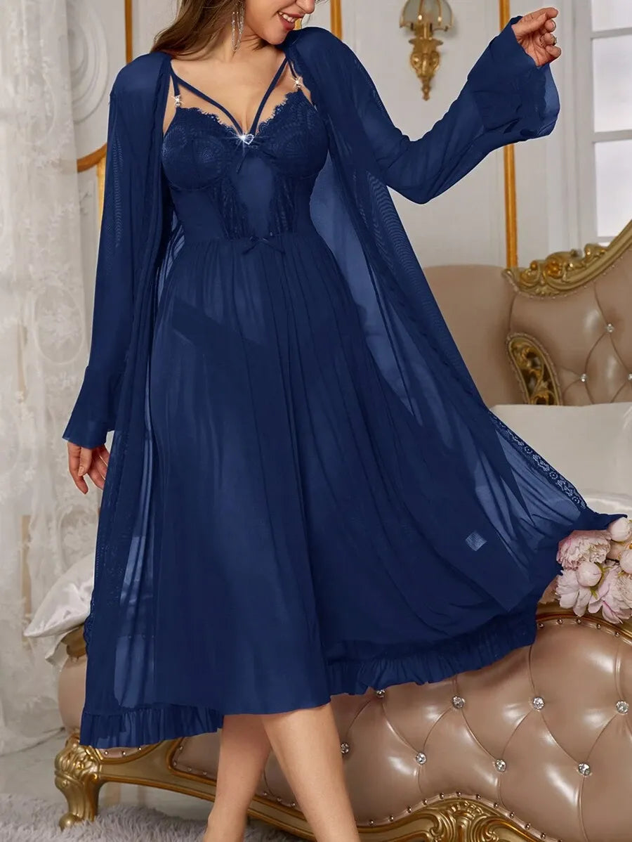 Women’s Red Lace Perspective Slip Dress and Robe Pajama Set – Elegant and Sexy Sleepwear for Romantic Nights and Comfortable Lounging
