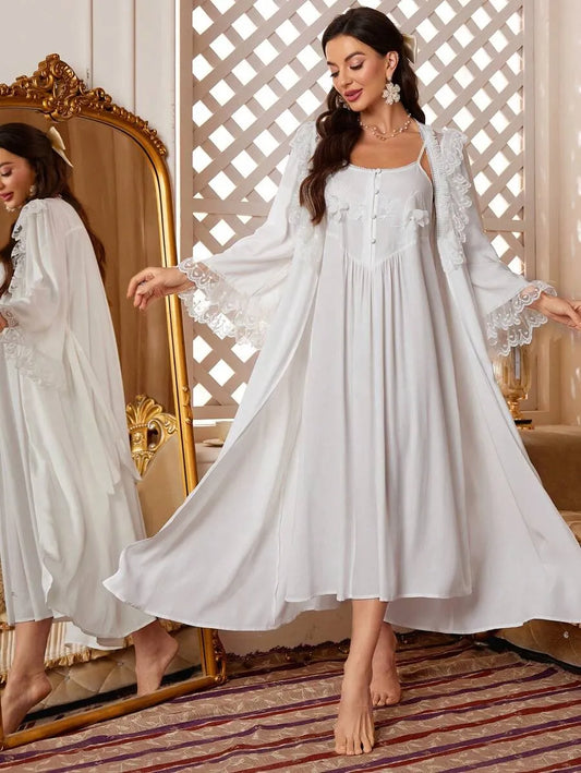 PalaceNights Camisole Sleep Dress and Contrast Lace Robe Elegant Pajama Set – White Women’s Sleepwear for Holiday Season, Vacation, and Lounging