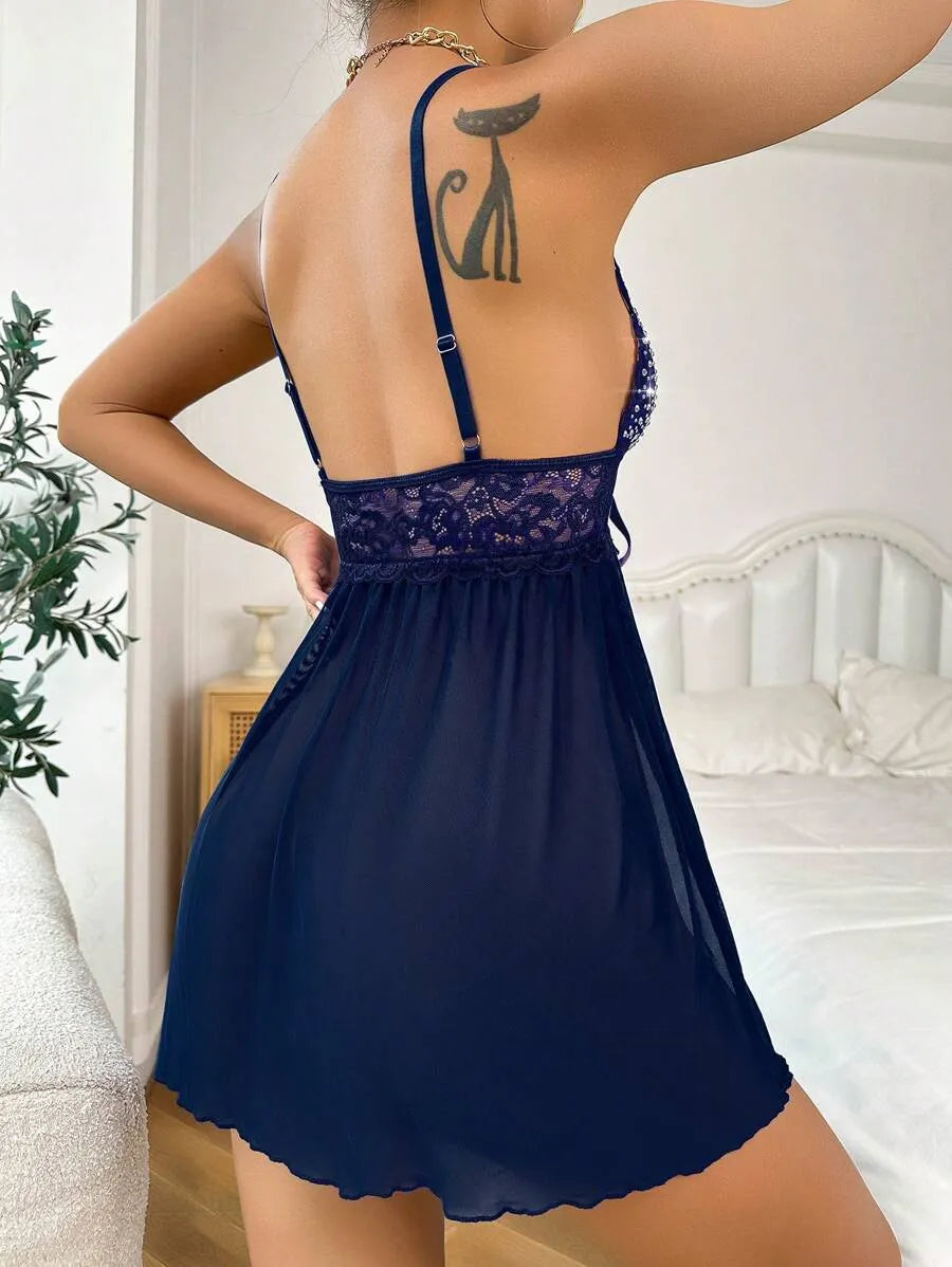 Contrast Lace Mesh Babydoll Sexy Lingerie Dress – Sheer and Elegant Babydoll Nightgown for Women, Perfect for Romantic Evenings, Sexy Nightwear, and Special Occasions