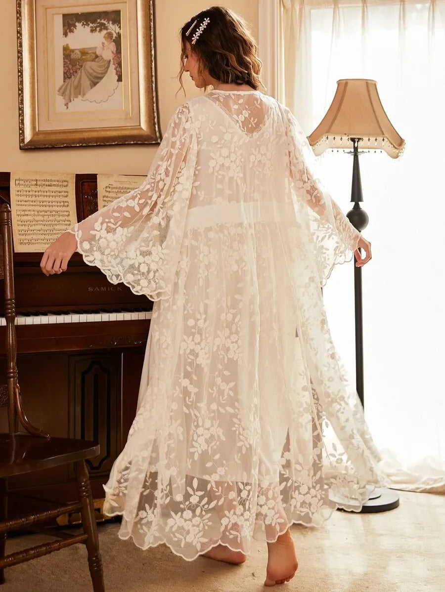 Women’s Floral Embroidery Pajama Nightdress and Tie Front Robe Set – Elegant White Sleepwear for Vacation, Lounging, and Comfortable Nights
