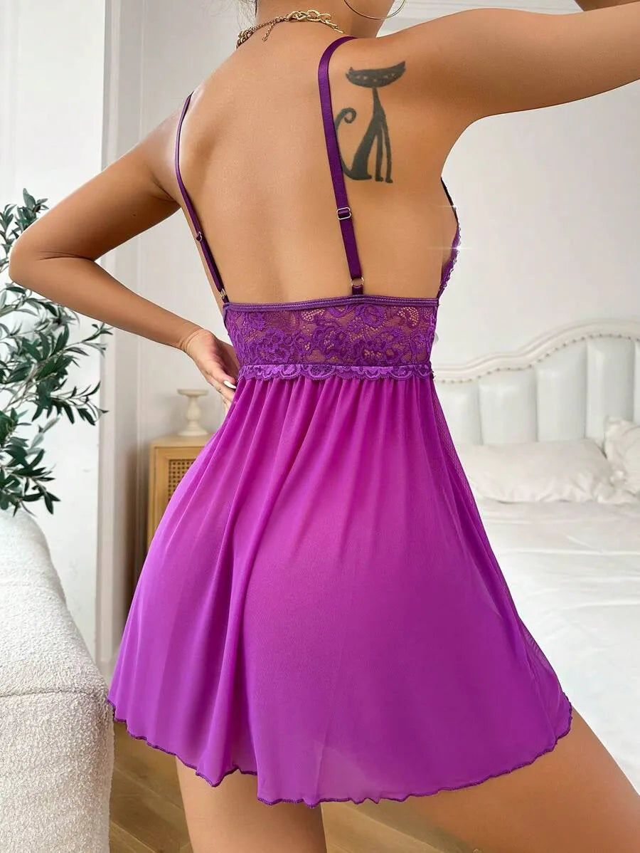 Contrast Lace Mesh Babydoll Sexy Lingerie Dress – Sheer and Elegant Babydoll Nightgown for Women, Perfect for Romantic Evenings, Sexy Nightwear, and Special Occasions