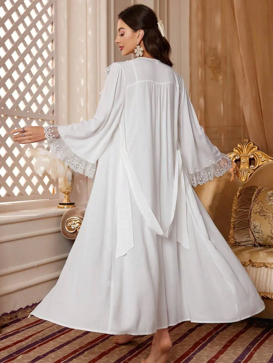 PalaceNights Camisole Sleep Dress and Contrast Lace Robe Elegant Pajama Set – White Women’s Sleepwear for Holiday Season, Vacation, and Lounging