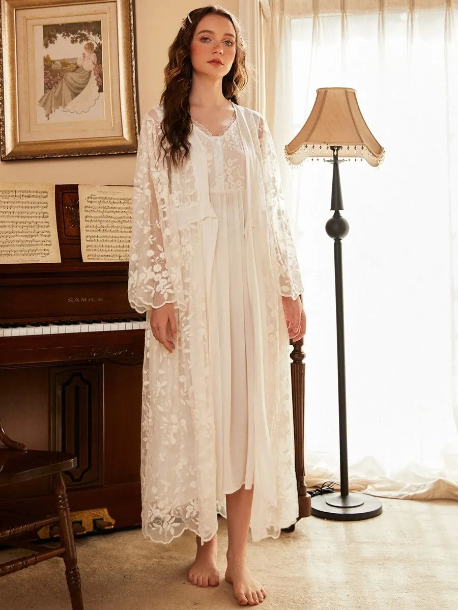 Women’s Floral Embroidery Pajama Nightdress and Tie Front Robe Set – Elegant White Sleepwear for Vacation, Lounging, and Comfortable Nights