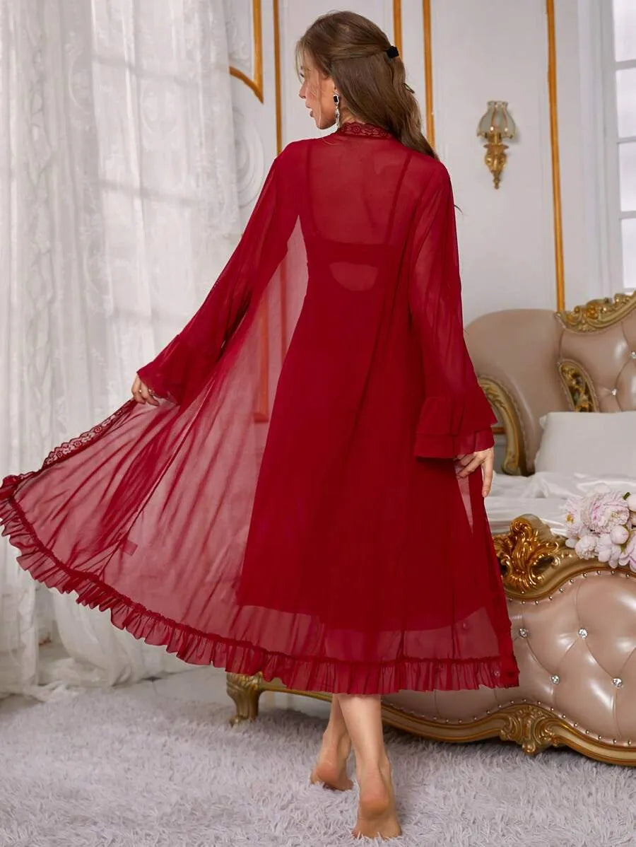 Women’s Red Lace Perspective Slip Dress and Robe Pajama Set – Elegant and Sexy Sleepwear for Romantic Nights and Comfortable Lounging